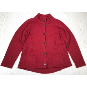 Eileen Fisher Cardigan Medium Red Button Up Pockets Mock Neck Wool Sweater Mom